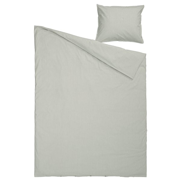 Ikea SOLFIBBLA hallitriibuline voodipesukomplekt, taaskasutatud puuvill, ristkülikukujuline padjaga.