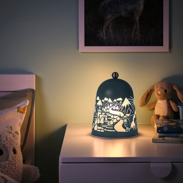 SOLSKUR LED-laualamp, helesinine/nikeldatud