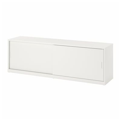 TONSTAD telerialus valkjas. Sellel on elegantse disainiga lükanduksed, kaablihaldus ja reguleeritavad riiulid.