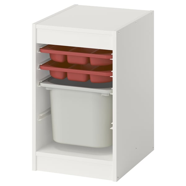 Valge ikea TROFAST panipaik punaste aluste ja valge prügikastiga.