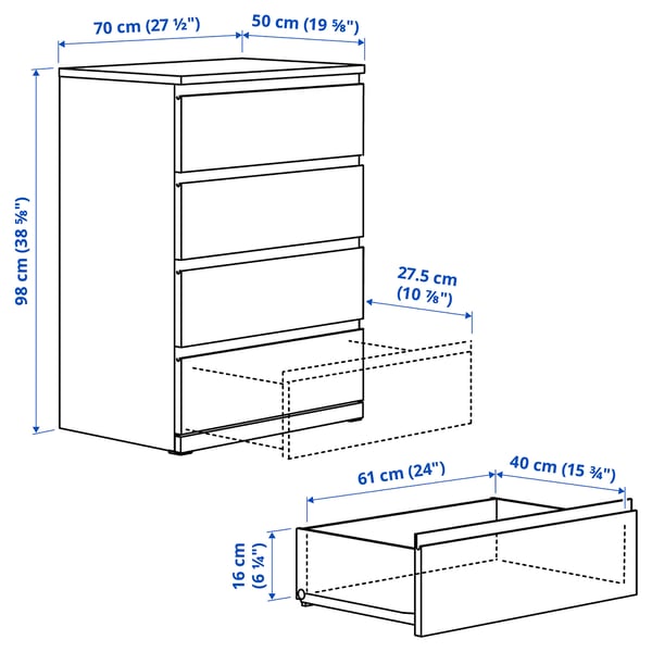 STORKLINTA Комод с 4 ящиками, под дуб, 70x50x98 см
