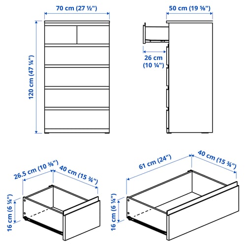 STORKLINTA Комод с 6 ящиками, под дуб, 70x50x120 см