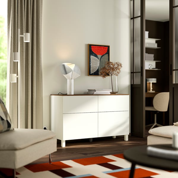 BESTÅ تشكيلة تخزين مع أبواب/ أدراج, أبيض/Lappviken/Stubbarp أبيض, 120x42x75 سم