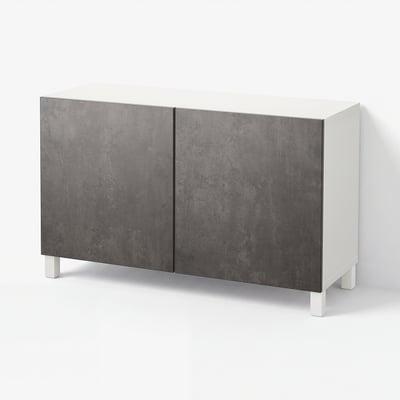 BESTÅ تشكيلة تخزين مع أبواب, أبيض Kallviken/Stubbarp/رمادي غامق مظهر الخرسانة, ‎120x42x74 سم‏