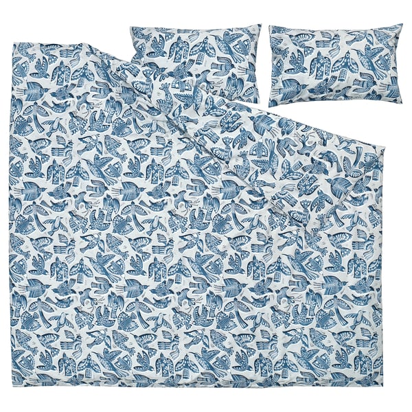 BITTERSÖTA غطاء لحاف و ٢ غطاء مخدة, رمادي فاتح/أزرق, 240x220/50x80 سم