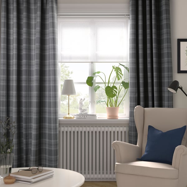 HÄGGVECKMAL زوج ستائر عاتمة للغرفة, رمادي غامق/مع شريط ستارة, 145x300 سم