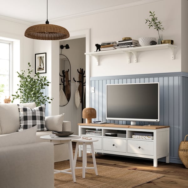 HEMNES طاولة تلفزيون, أبيض/بني فاتح, 148x47x57 سم
