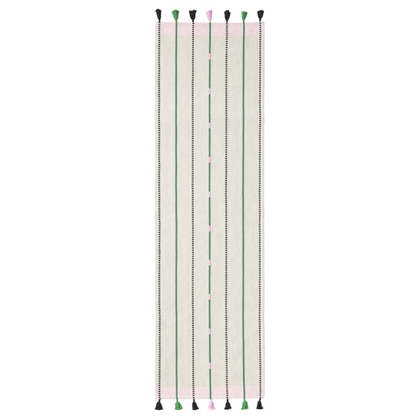 MÄVINN مفرش طاولة, أبيض-عاجي/أخضر شريط, 35x130 سم