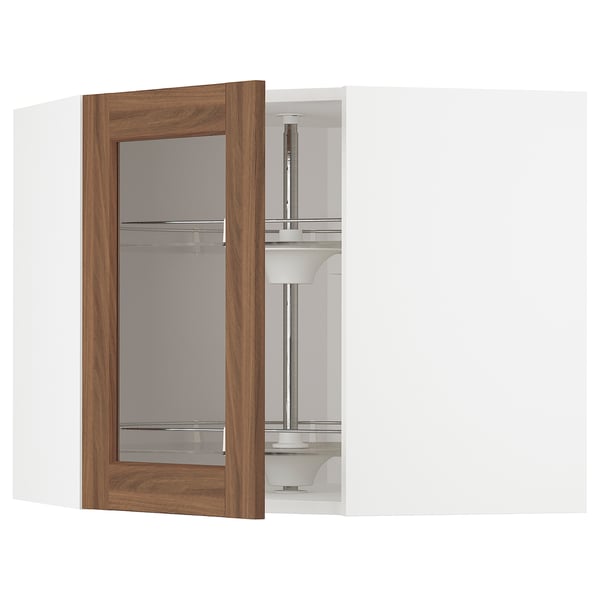METOD خزانة حائط زاوية+رف دوّار/ب. زجاجي, أبيض Enköping/بني شكل خشب الجوز, 68x60 سم