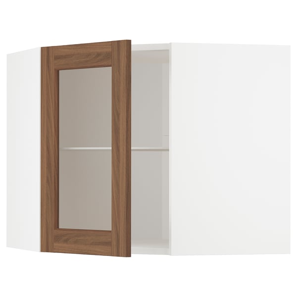 METOD خزانة حائط زاوية+أرفف/ب. زجاجي, أبيض Enköping/بني شكل خشب الجوز, 68x60 سم