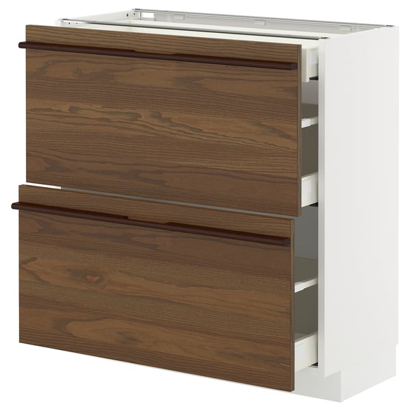 METOD / MAXIMERA خزانة قاعدة بواجهتين/3 أدراج, أبيض/Stensta قشرة الدردار بني غامق, 80x37 سم