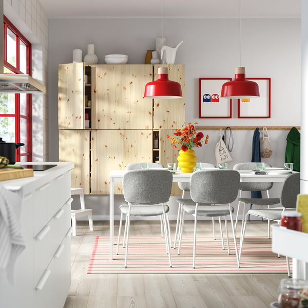 VIHALS / VIHALS طاولة و 6 كراسي, أبيض/أبيض Tibbleby رمادي-بيج, 120/180x74 سم