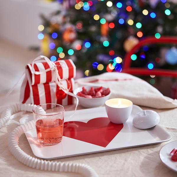VINTERFINT صينية, نقش قلب أبيض/أحمر, 37x28 سم