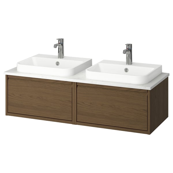 Double vanity in warm brown with two white basins, minimalist design.