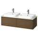 Double vanity in warm brown with two white basins, minimalist design.