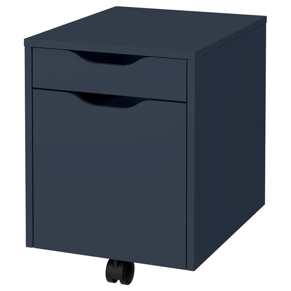 Modern ALEX grey filing cabinet with 2 drawers, sleek handles, and rollers.