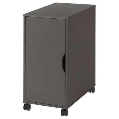 An ALEX grey storage unit with wheels, featuring a single door and a movable interior shelf.