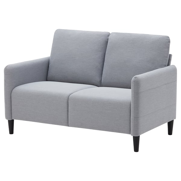 Light grey ANGERSBY loveseat, modern, compact design with soft cushions.