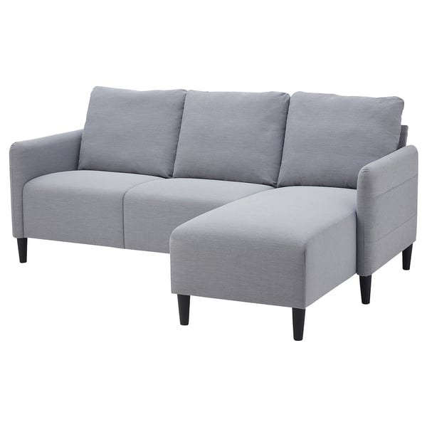 ANGERSBY grey 3-seat sofa, modern minimalist design, fabric upholstery, l-shaped chaise.
