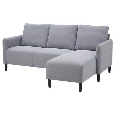 ANGERSBY grey 3-seat sofa, modern minimalist design, fabric upholstery, l-shaped chaise.
