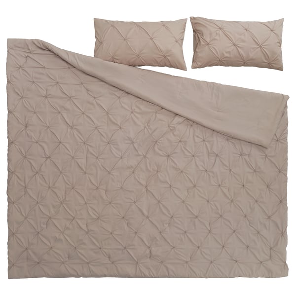 Beige BÄGARKLOCKA comforter set with recycled polyester, textured diamond design, and matching shams.