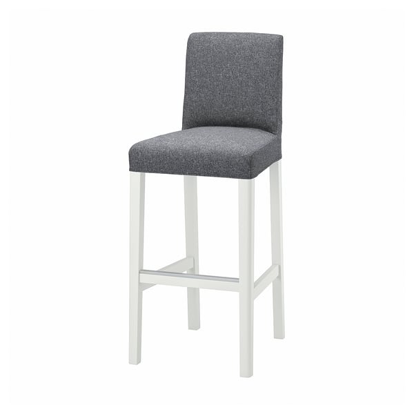 Bergrund barstool: grey, fabric seat, white metal legs, square back.