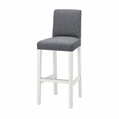 Bergrund barstool: grey, fabric seat, white metal legs, square back.