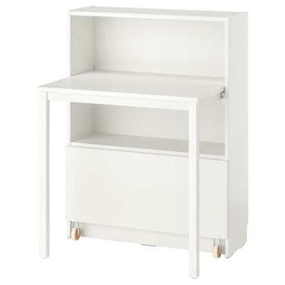 White BILLY bookcase with desk, space-saving design, adjustable shelves, pull-out drawer, wooden legs, modern minimalist style.
