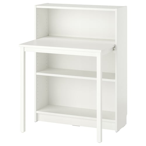 White BILLY bookcase with expandable desk, minimalist design.