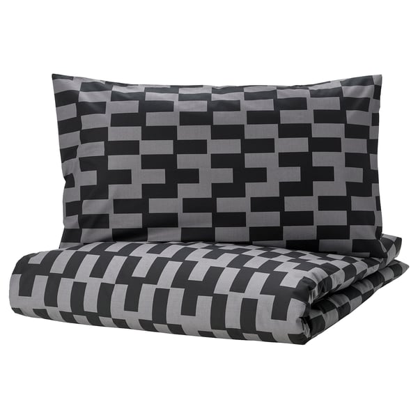 Black & grey geometric bedding set: chequered pattern, soft cotton-viscose cover & pillow