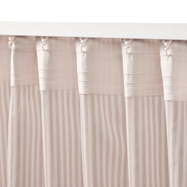 A set of two light pink striped curtains with heading tape for easy hanging, providing privacy and reducing glares.