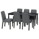 Modern black dining set with six grey cushioned chairs and rectangular table.