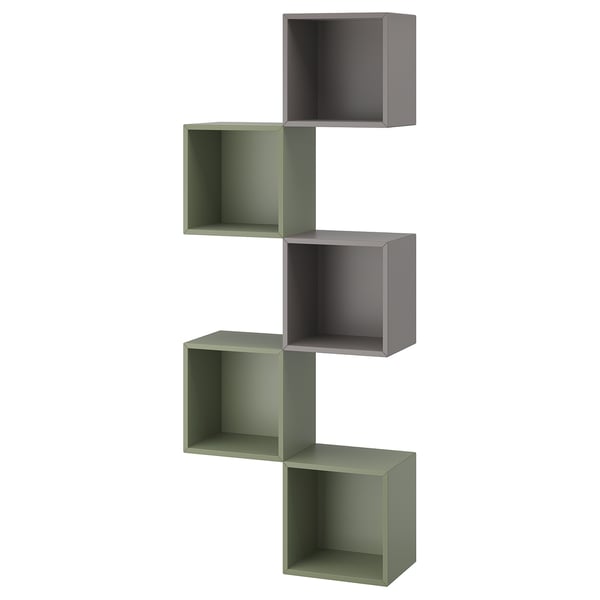 Green and grey modular wall shelf, geometric design, five interconnected cubes.