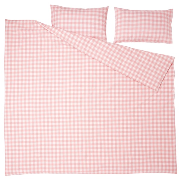 A light pink and white gingham check bedding set made of organic cotton. Includes a duvet cover, flat sheet, and two pillowcases.
