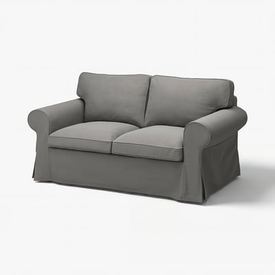 Grey EKTORP two-seat sofa with rolled arms and cushioned seats and back.