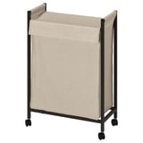 ENHET laundry bag: beige, fabric on black frame, rectangular, four wheels.