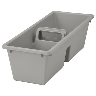 This is a FÅNGGRÖDA grey plastic drawer organiser with two compartments and a handle.