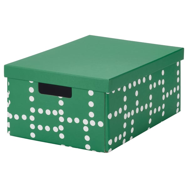 FJÄDERHARV Storage box with lid, green/dotted, 25x35x16 cm