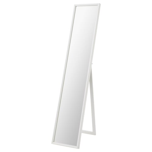 A FLAKNAN white standing mirror with a rectangular frame and clear glass, supported by an a-frame stand.