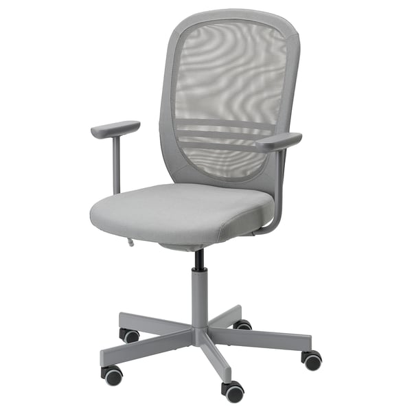 FLINTAN office chair, grey mesh back, silver base, armrests, adjustable, ergonomic.