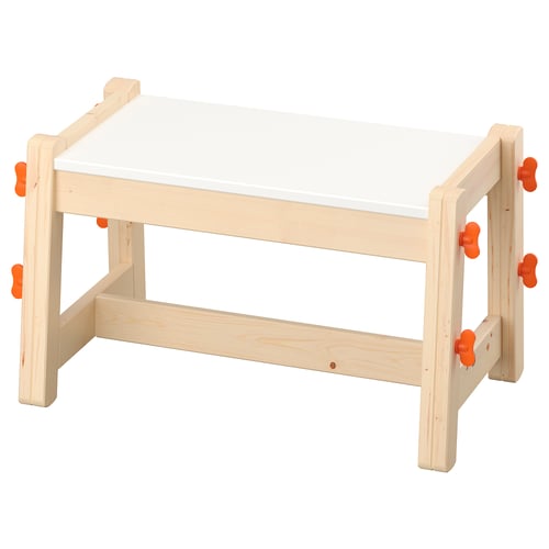 FLISAT adjustable pine wood bench, white acrylic seat. Sturdy, versatile kids furniture with three height settings.