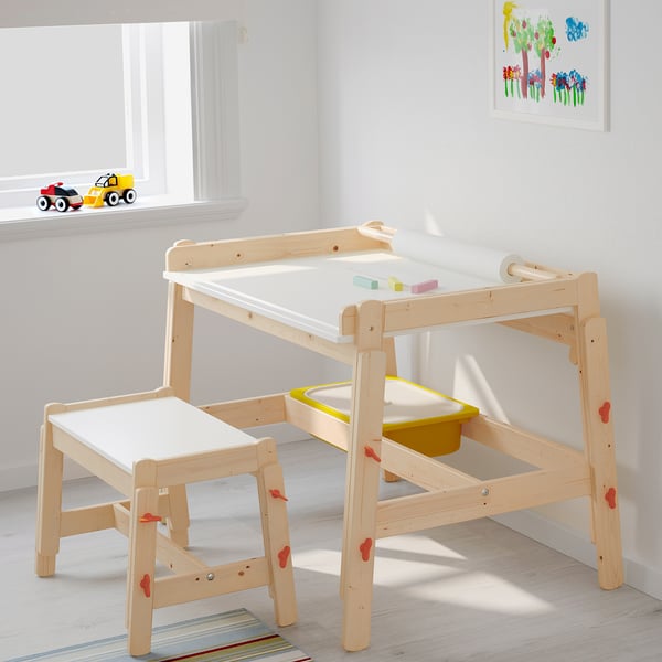 FLISAT kids desk - adjustable, light wood, arts & crafts, tilts, colourful container.