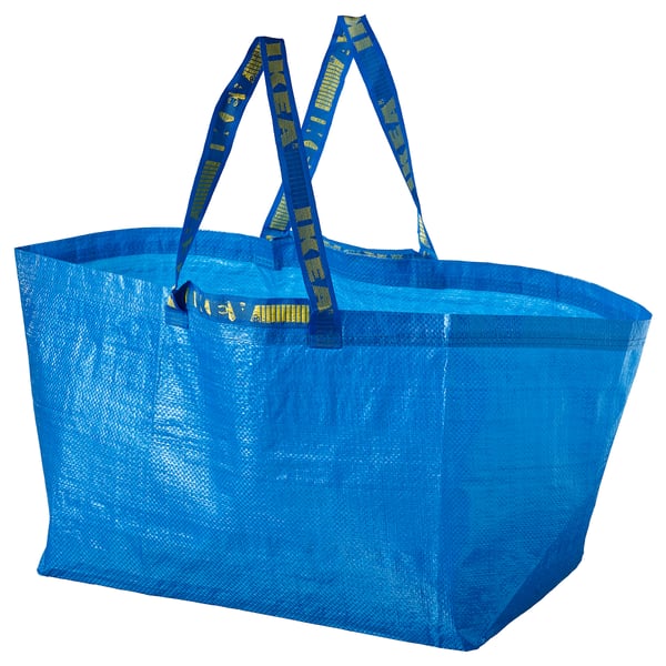 Blue FRAKTA bag: rectangular, sturdy handles, polypropylene/polyester, versatile shopping bag.