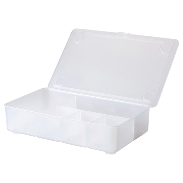 A clear plastic GLIS box with lid, rectangular shape, divided compartments, suitable for organising small items.