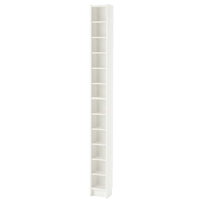 White GNEDBY bookshelf, slim, tall, adjustable shelves, modern design, particleboard, and fiberboard materials.