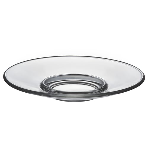 Clear glass saucer, round, sleek design, sits flat, part of the GOTTFINNANDE series.