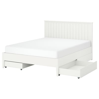 White GULLABERG bed, classic panel headboard, under-drawer storage, solid wood legs.