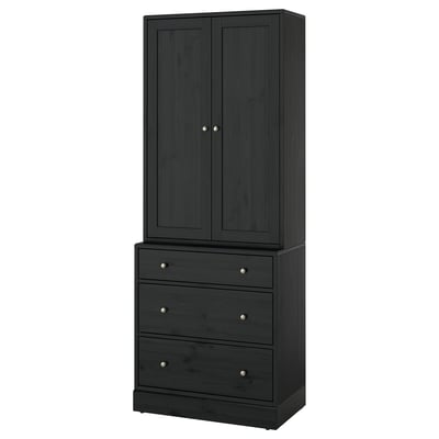 Black HAVSTA furniture: tall cabinet and 3-drawer chest, modern pine & fiberboard design.