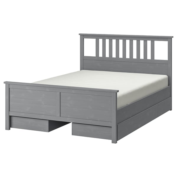Grey HEMNES bed with sleek lines, featuring four large drawers and a slatted base for ventilation.