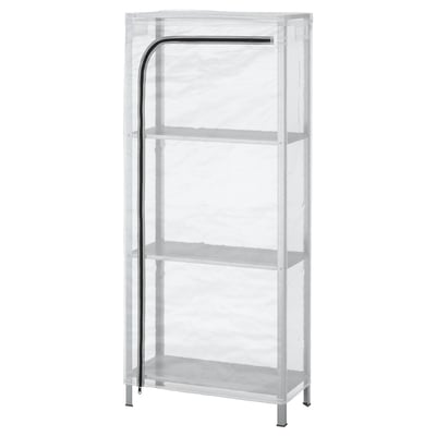 HYLLIS clear dust cover for shelving unit, transparent, mesh-like, with black handle.
